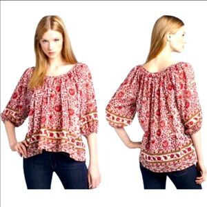 Joie Red Print Boho Peasant Floral Cotton Blouse